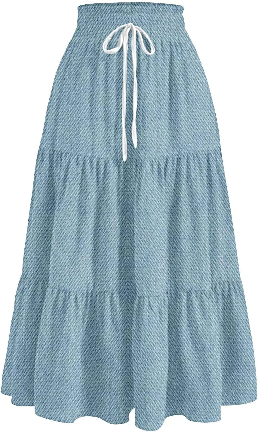 Denim Dress for Women, Summer Retro Elastic High Waist Tie Frayed A-Line Maxi Denim Skirt with Pockets