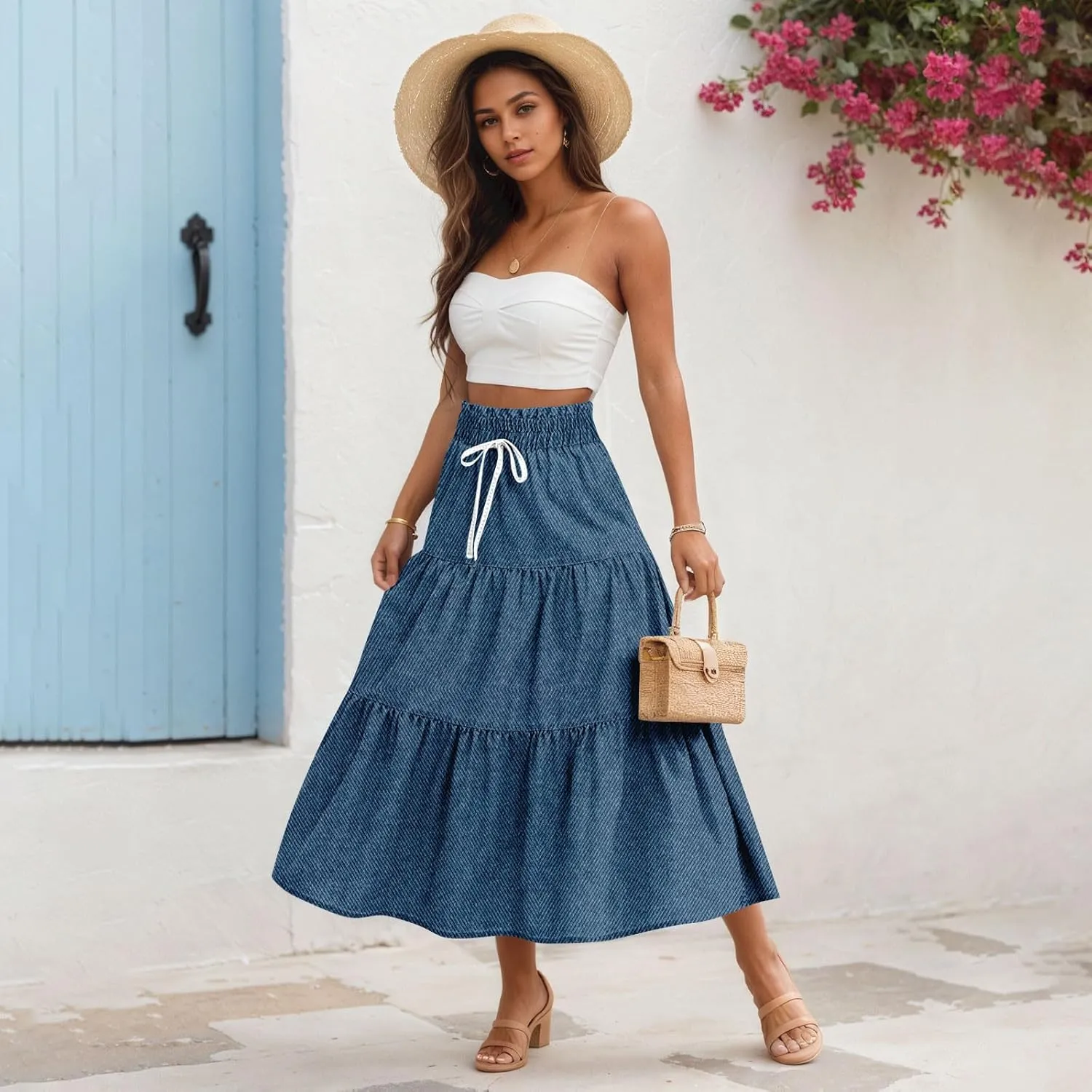 Denim Dress for Women, Summer Retro Elastic High Waist Tie Frayed A-Line Maxi Denim Skirt with Pockets