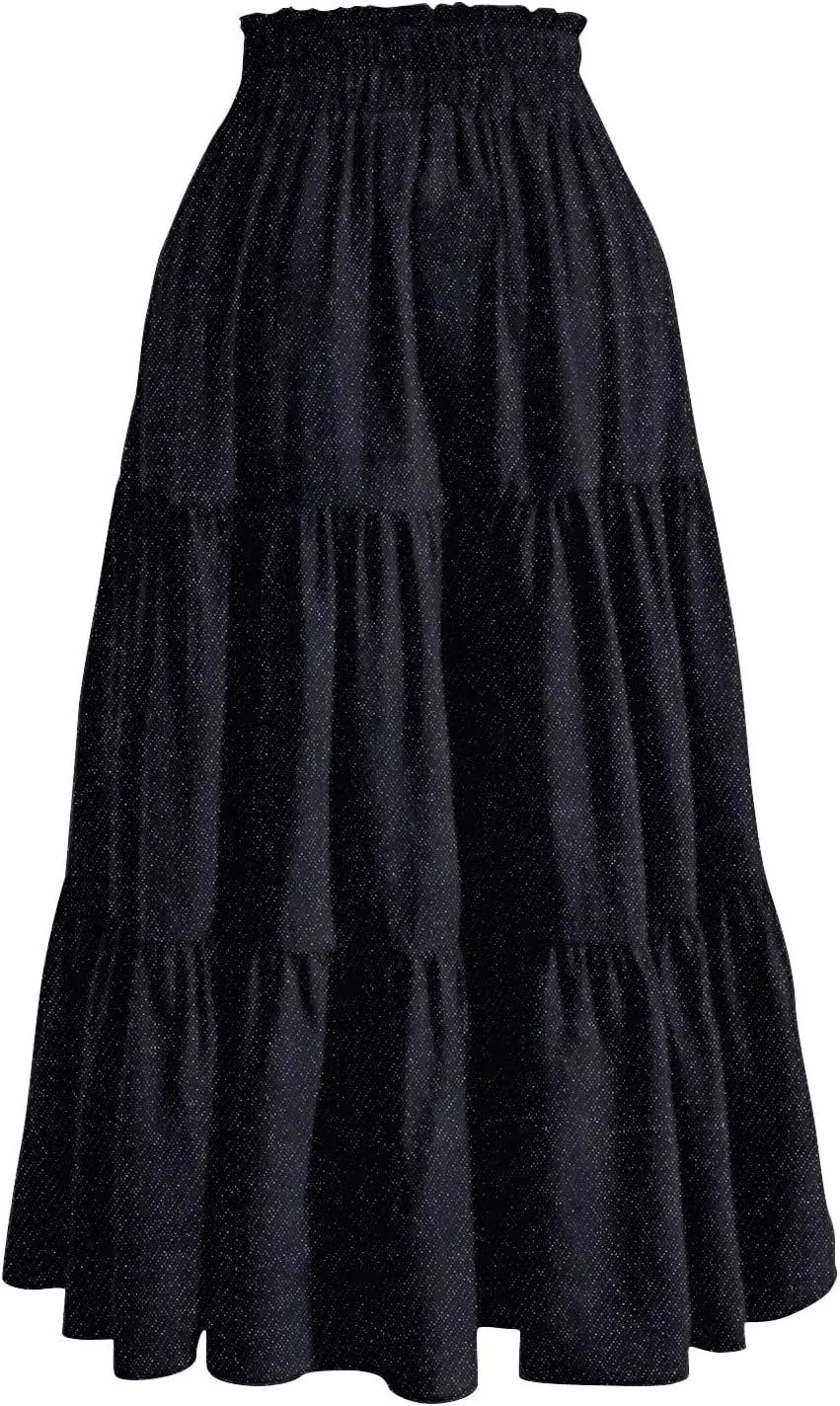 Denim Dress for Women, Summer Retro Elastic High Waist Tie Frayed A-Line Maxi Denim Skirt with Pockets