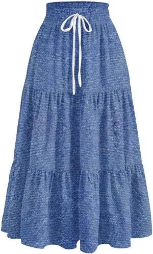 Denim Dress for Women, Summer Retro Elastic High Waist Tie Frayed A-Line Maxi Denim Skirt with Pockets