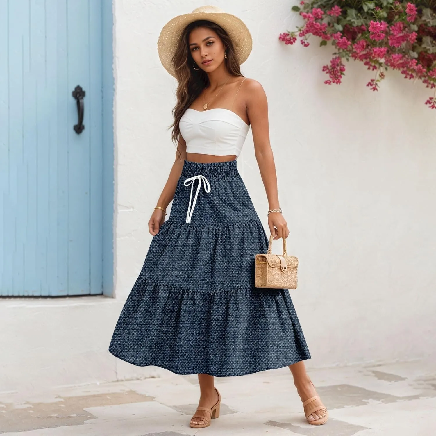 Denim Dress for Women, Summer Retro Elastic High Waist Tie Frayed A-Line Maxi Denim Skirt with Pockets