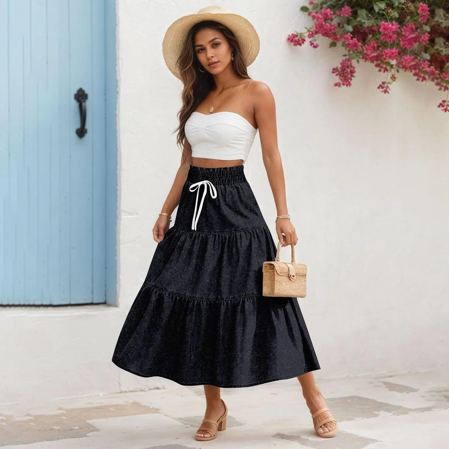 Denim Dress for Women, Summer Retro Elastic High Waist Tie Frayed A-Line Maxi Denim Skirt with Pockets