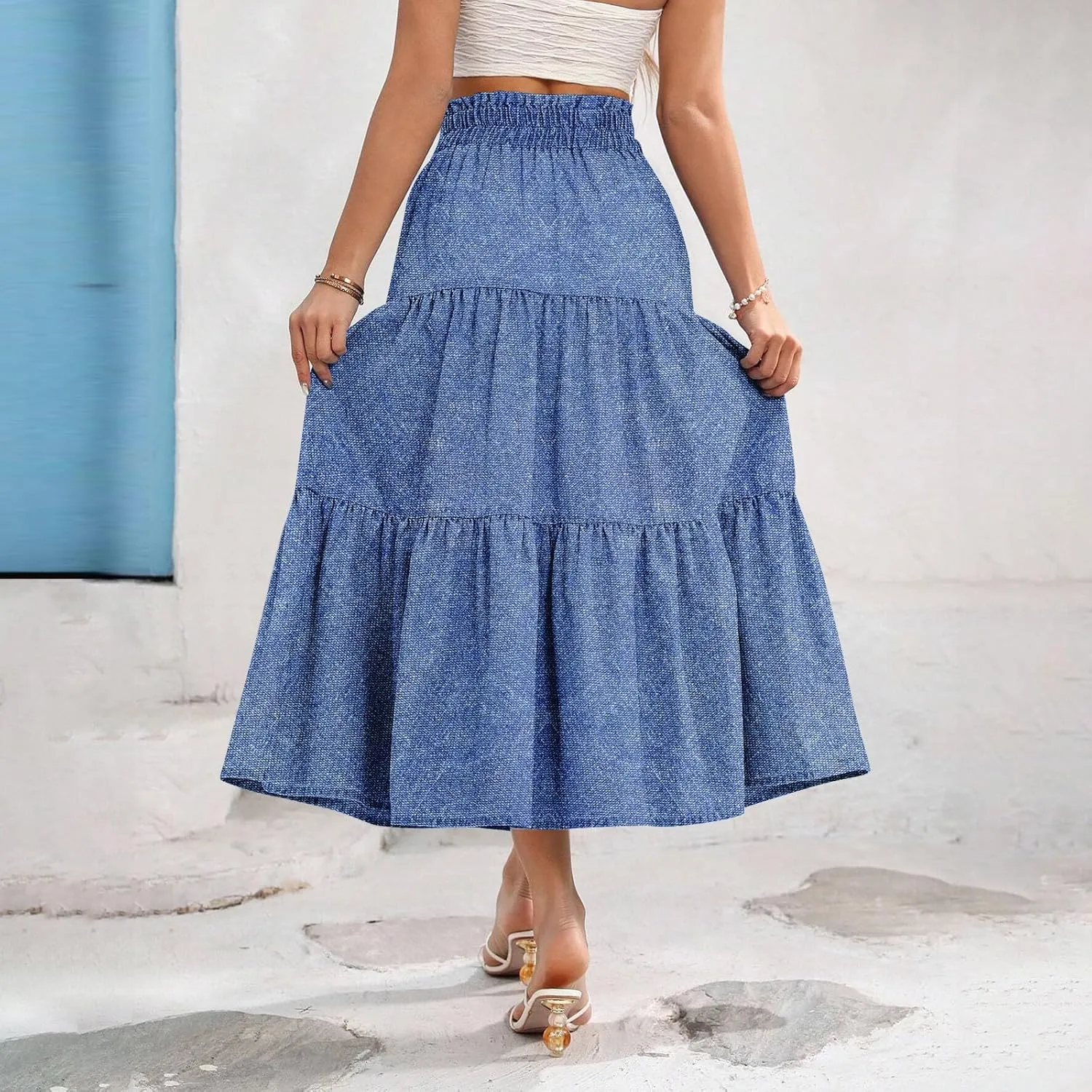 Denim Dress for Women, Summer Retro Elastic High Waist Tie Frayed A-Line Maxi Denim Skirt with Pockets