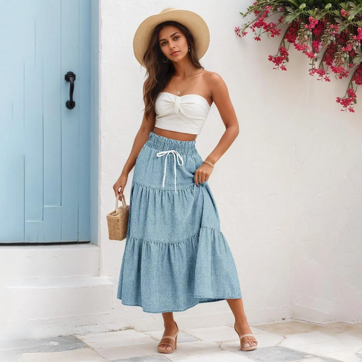 Denim Dress for Women, Summer Retro Elastic High Waist Tie Frayed A-Line Maxi Denim Skirt with Pockets
