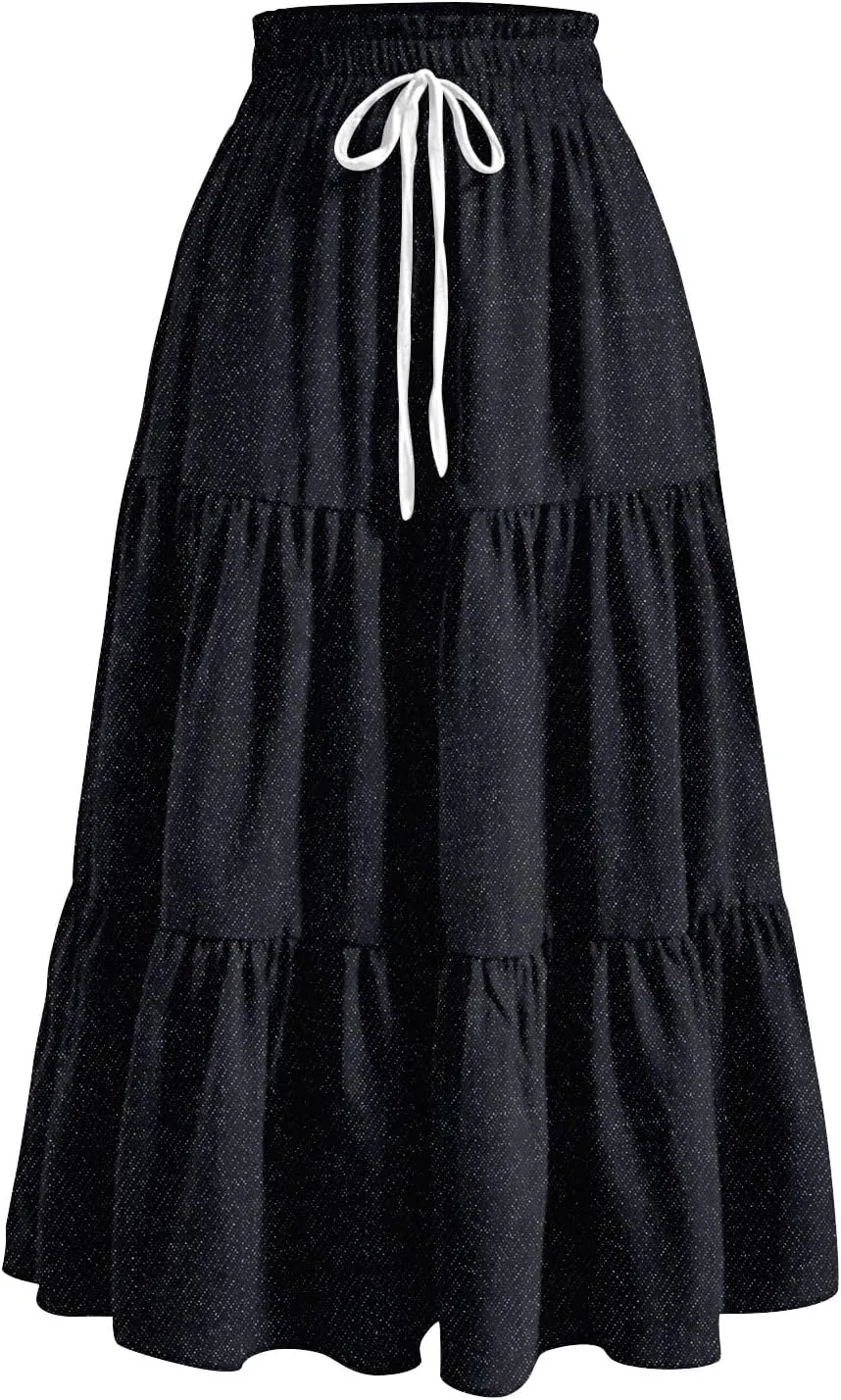 Denim Dress for Women, Summer Retro Elastic High Waist Tie Frayed A-Line Maxi Denim Skirt with Pockets