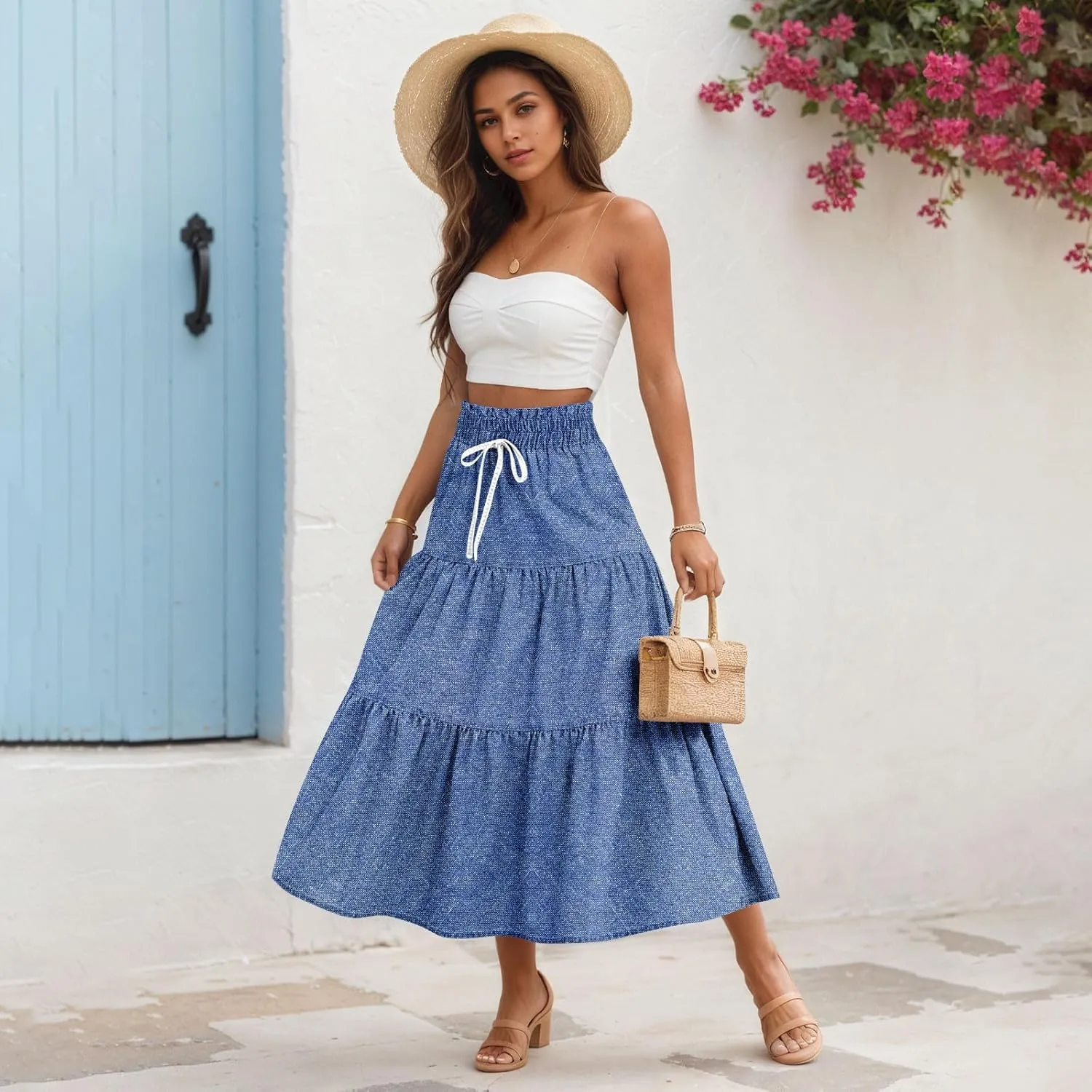 Denim Dress for Women, Summer Retro Elastic High Waist Tie Frayed A-Line Maxi Denim Skirt with Pockets