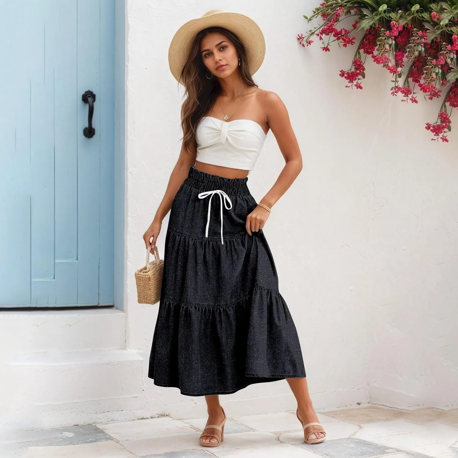 Denim Dress for Women, Summer Retro Elastic High Waist Tie Frayed A-Line Maxi Denim Skirt with Pockets