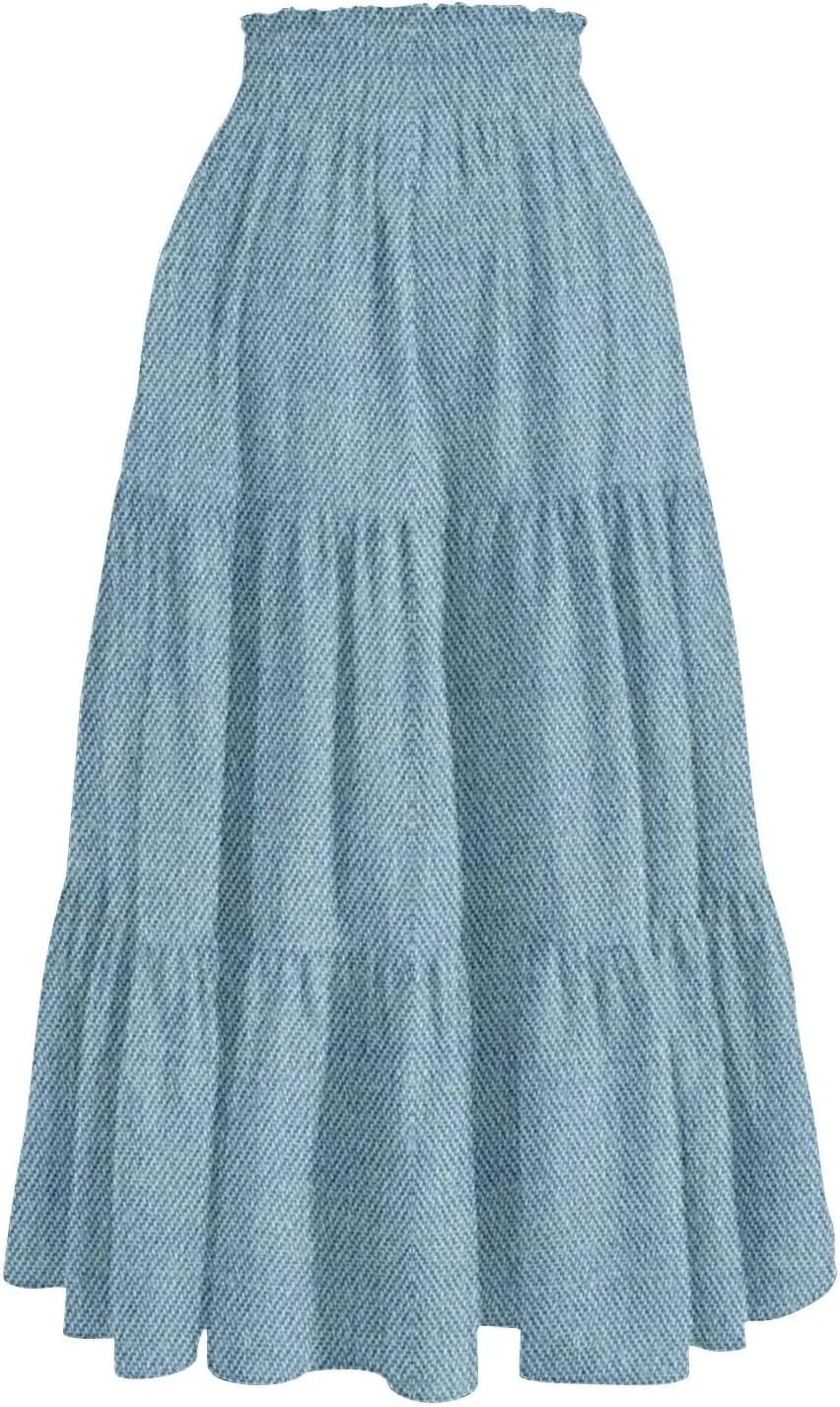 Denim Dress for Women, Summer Retro Elastic High Waist Tie Frayed A-Line Maxi Denim Skirt with Pockets