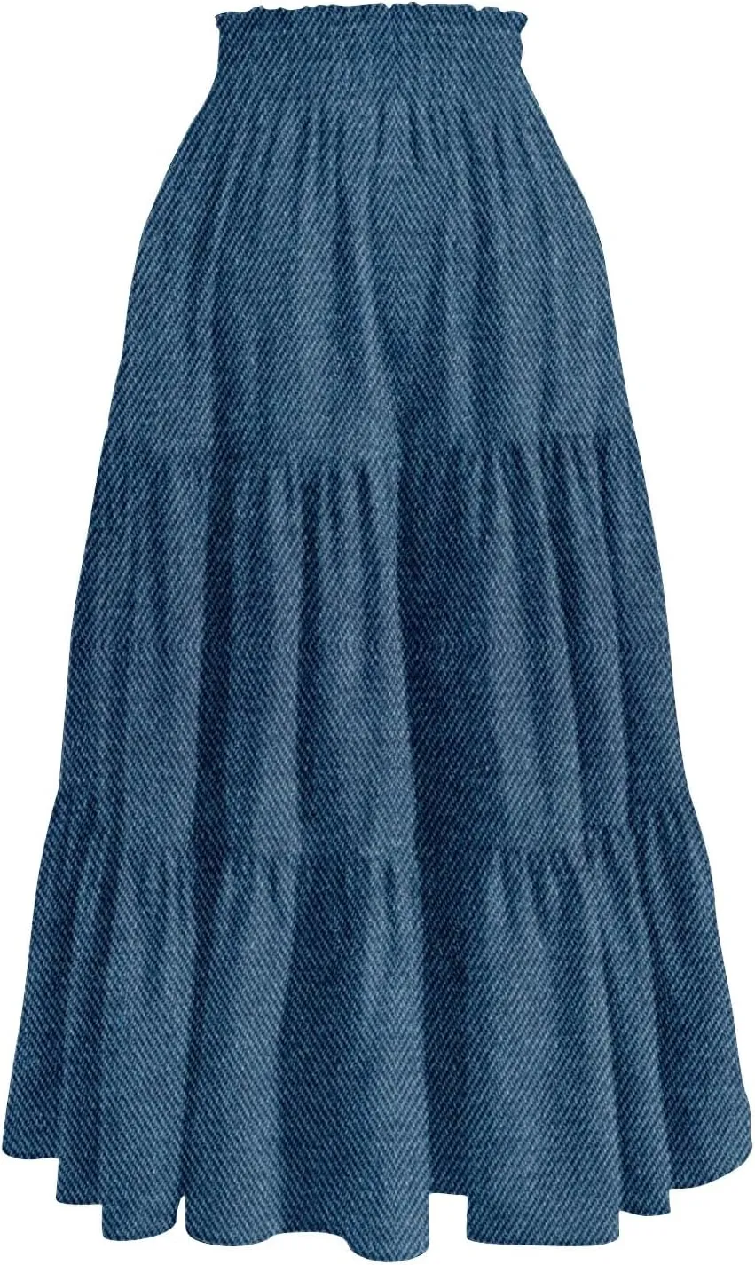 Denim Dress for Women, Summer Retro Elastic High Waist Tie Frayed A-Line Maxi Denim Skirt with Pockets