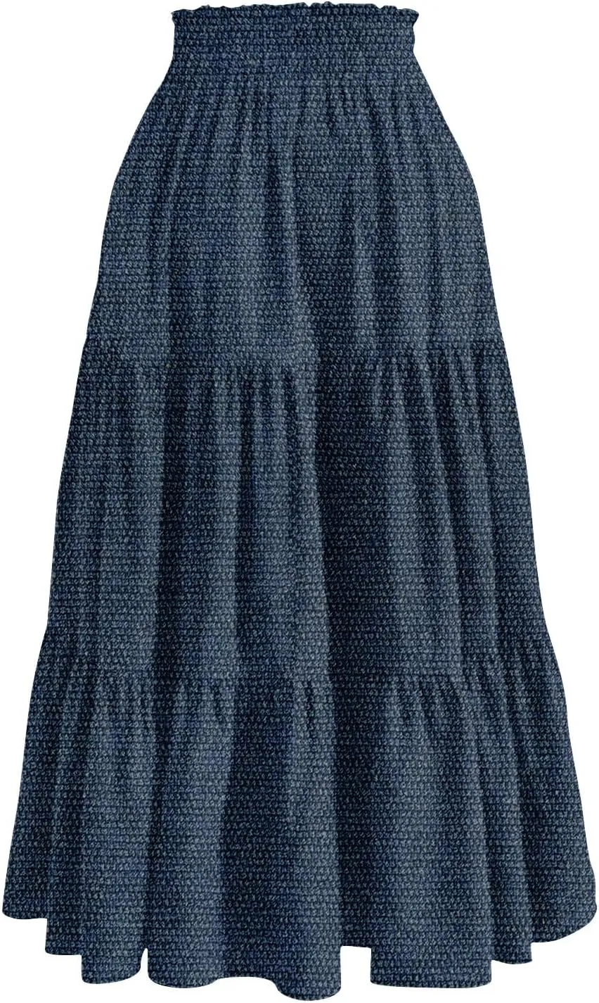Denim Dress for Women, Summer Retro Elastic High Waist Tie Frayed A-Line Maxi Denim Skirt with Pockets
