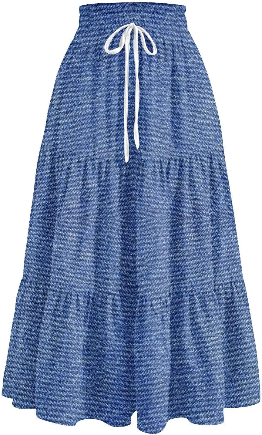 Denim Dress for Women, Summer Retro Elastic High Waist Tie Frayed A-Line Maxi Denim Skirt with Pockets
