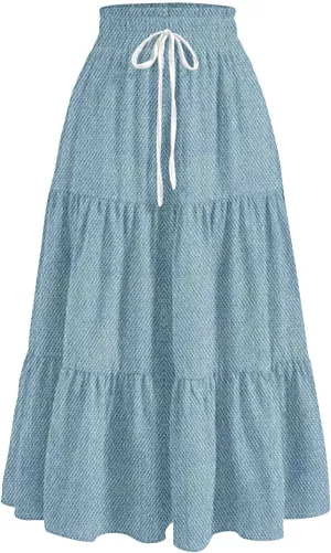 Denim Dress for Women, Summer Retro Elastic High Waist Tie Frayed A-Line Maxi Denim Skirt with Pockets