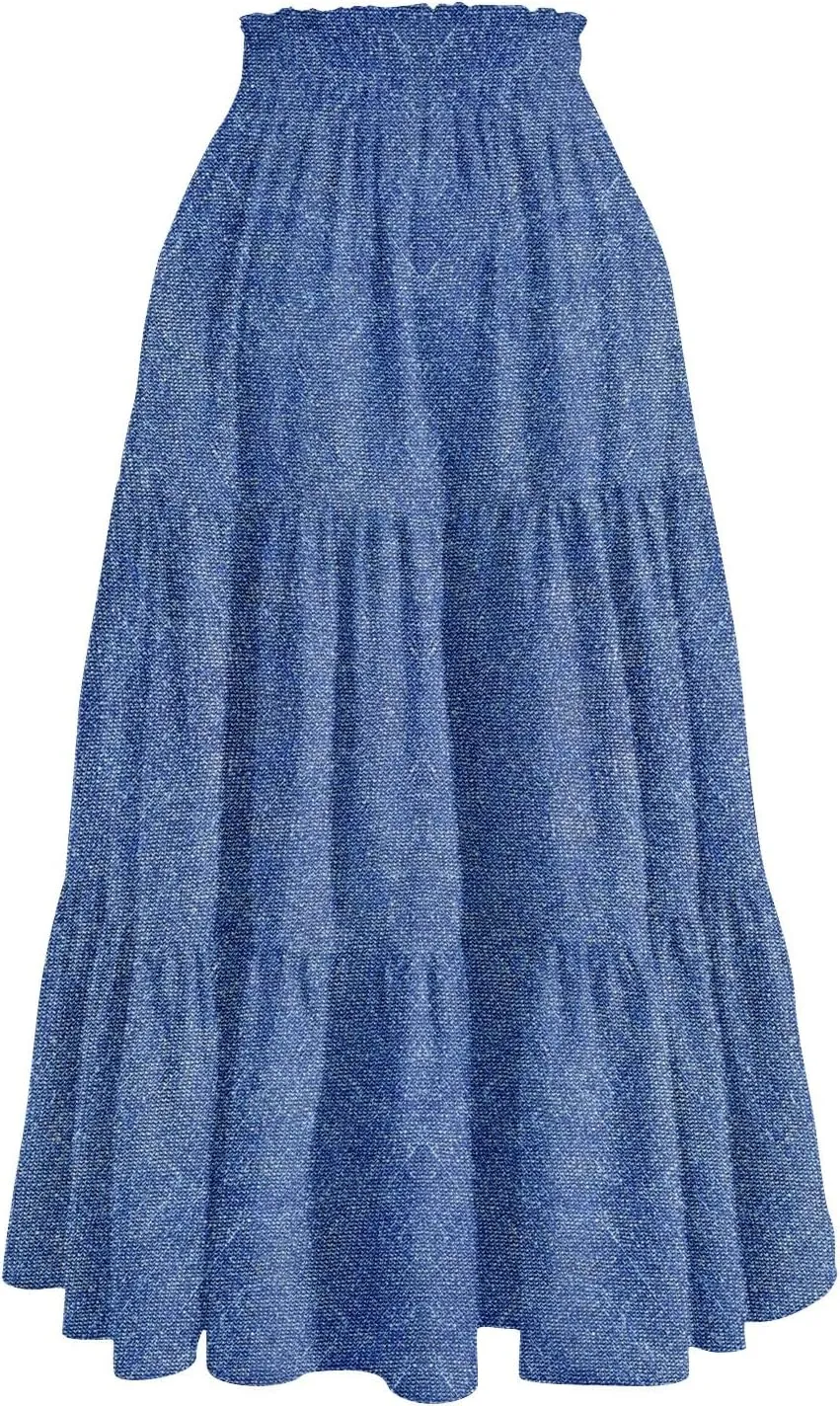 Denim Dress for Women, Summer Retro Elastic High Waist Tie Frayed A-Line Maxi Denim Skirt with Pockets
