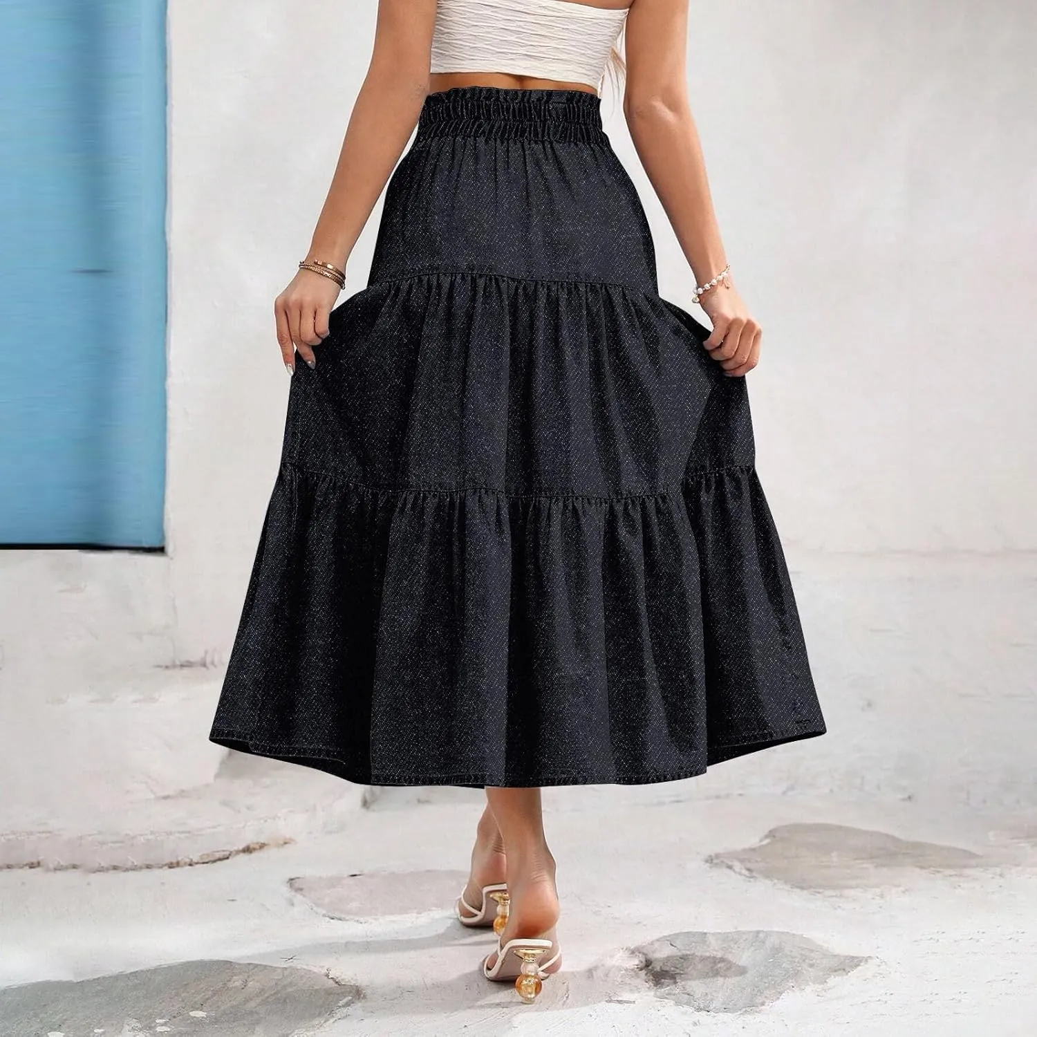 Denim Dress for Women, Summer Retro Elastic High Waist Tie Frayed A-Line Maxi Denim Skirt with Pockets