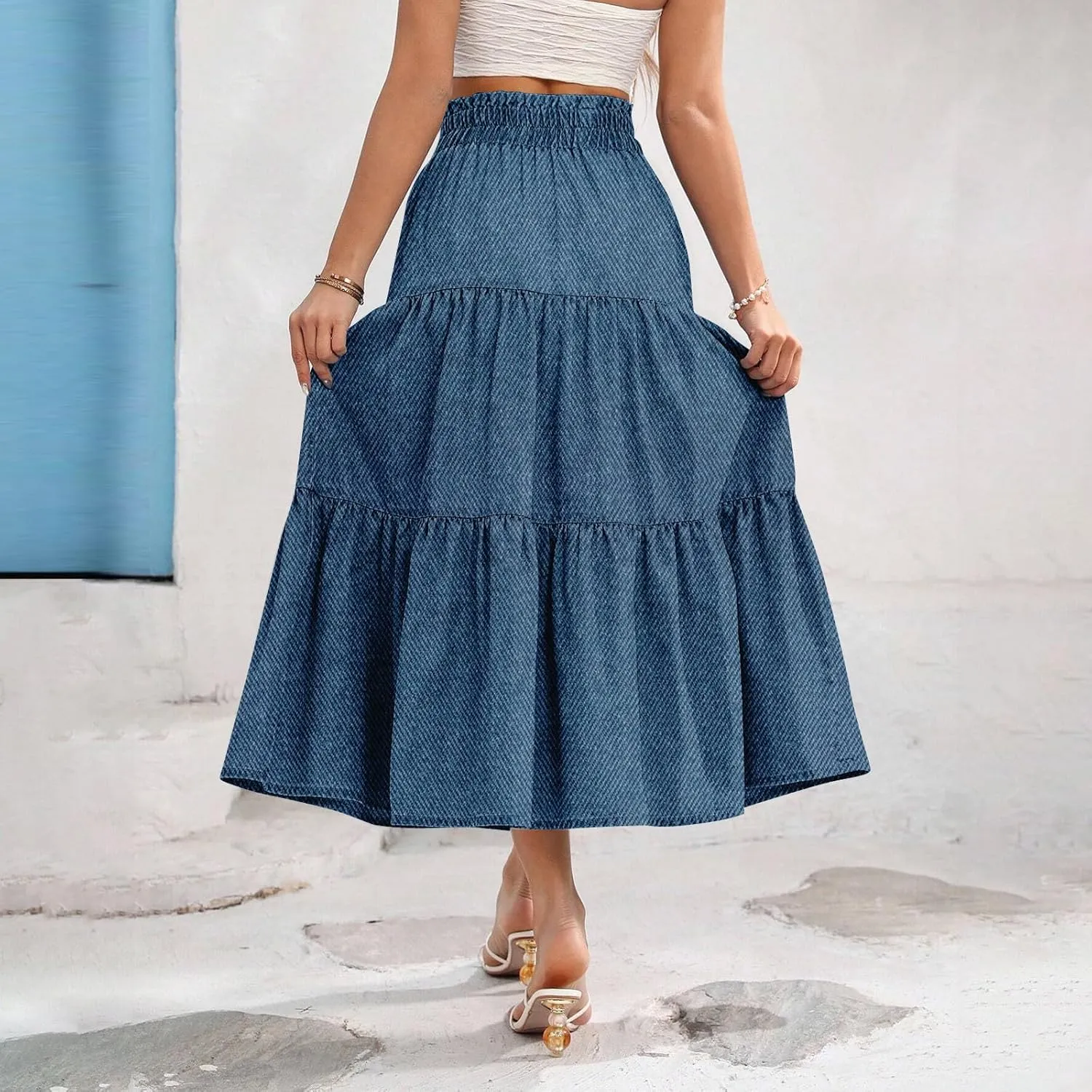 Denim Dress for Women, Summer Retro Elastic High Waist Tie Frayed A-Line Maxi Denim Skirt with Pockets
