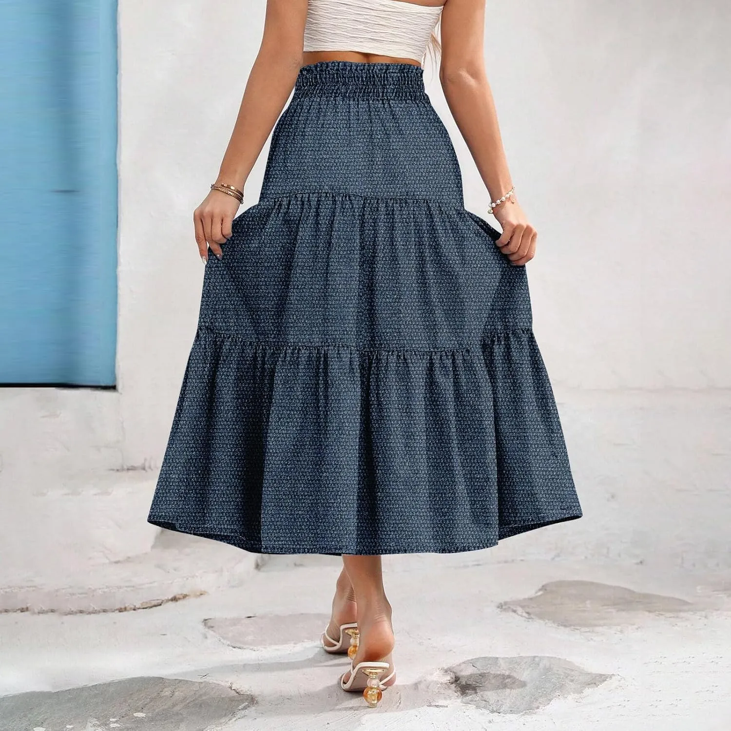 Denim Dress for Women, Summer Retro Elastic High Waist Tie Frayed A-Line Maxi Denim Skirt with Pockets