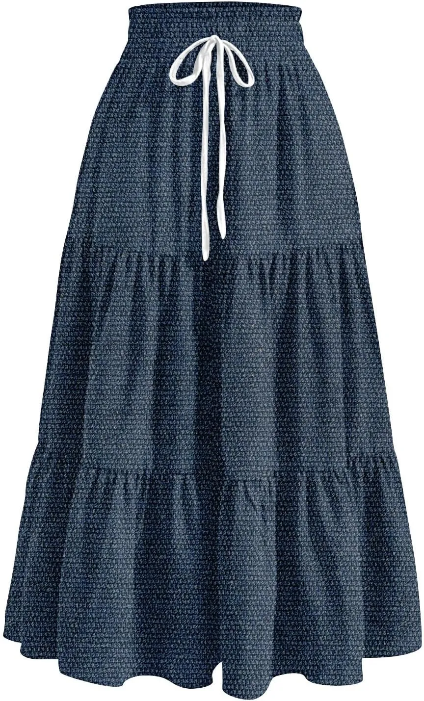 Denim Dress for Women, Summer Retro Elastic High Waist Tie Frayed A-Line Maxi Denim Skirt with Pockets