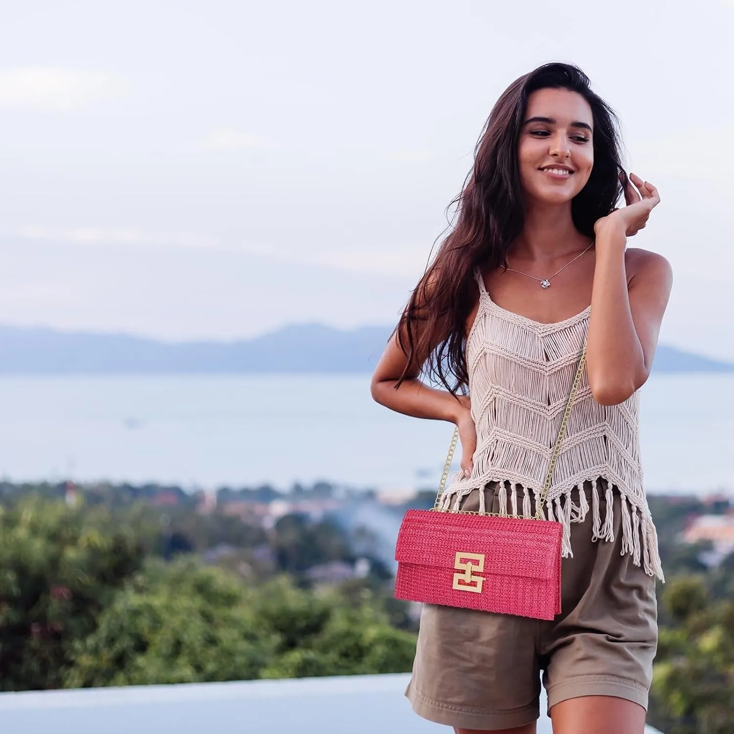Designer Evening Handbag Summer Beach Shoulder Crossbody Straw Clutch Purse for Women