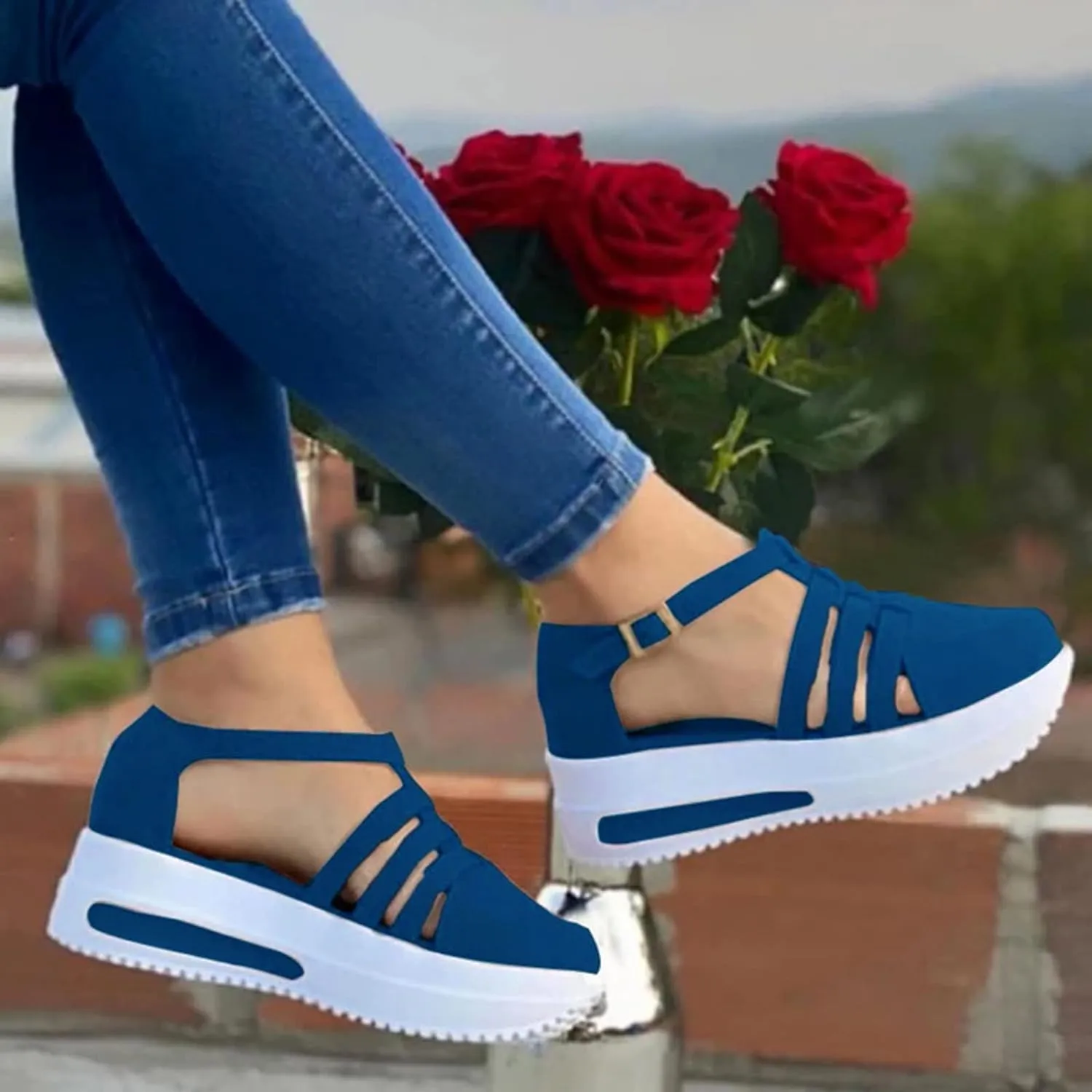 Dotmalls Women's Slip-on Platform Sandals Dress Summer Closed ToeSandals Ankle Strap Canvas Orthopedic Walking Shoes
