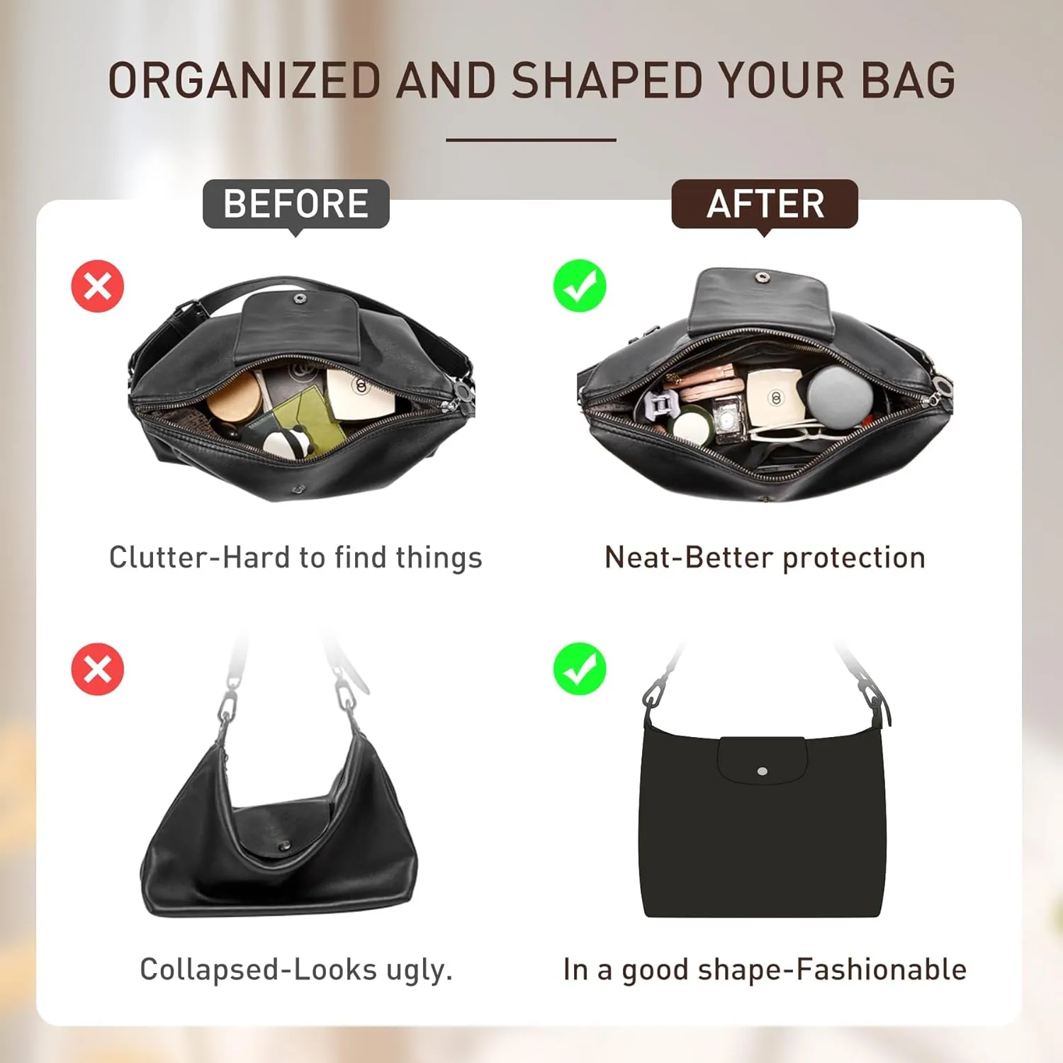 Doxo Purse Organizer Insert Compatible with Longchamp Hobo, Extra Lightweight Waterproof Bag Organizer with YKK ZipBlackHobo