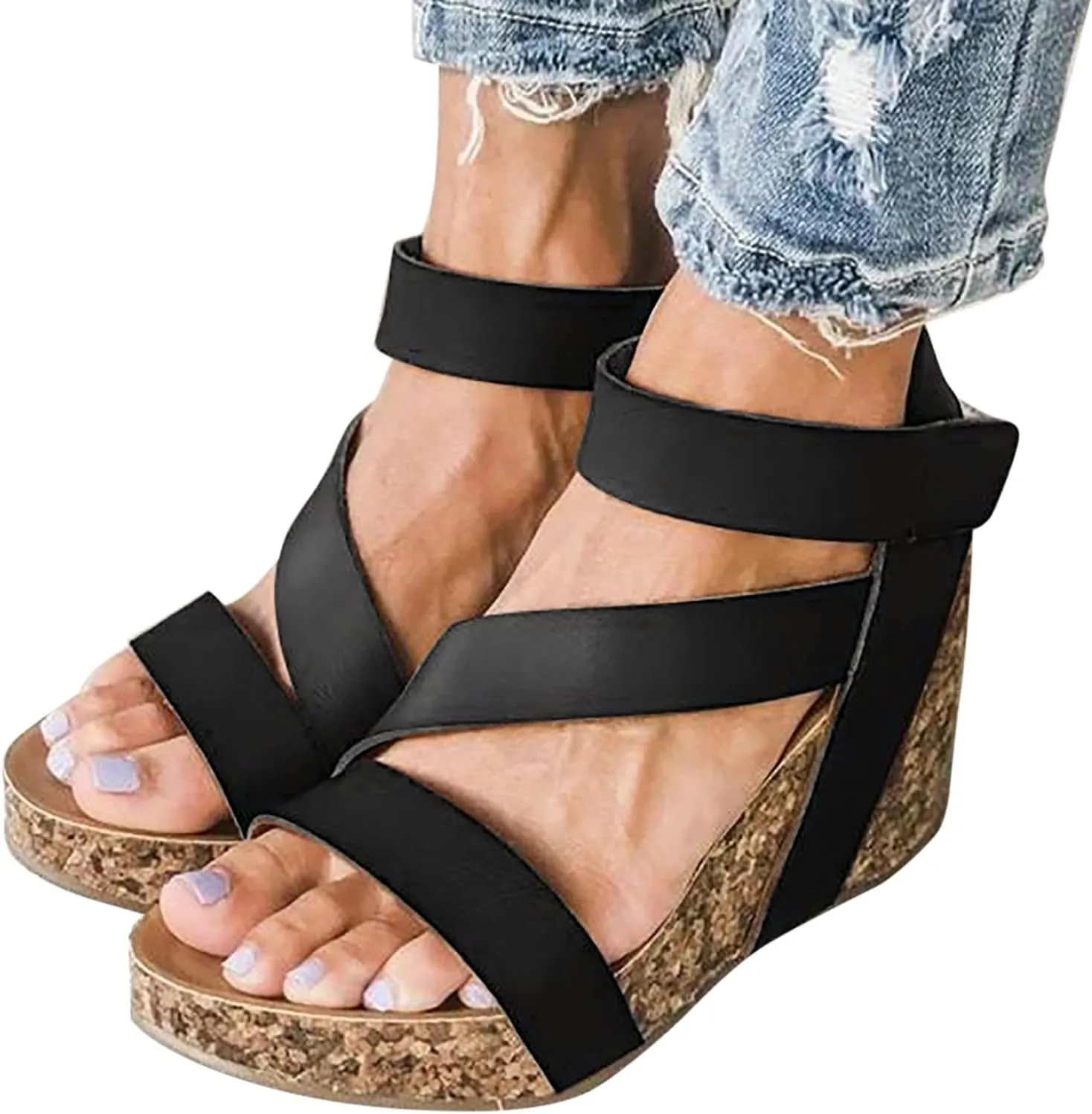 Eduavar Sandalias para Mujer, Women Sandals Dressy Leather Wedge Platform Sandals Open Toe Sandals Shoes