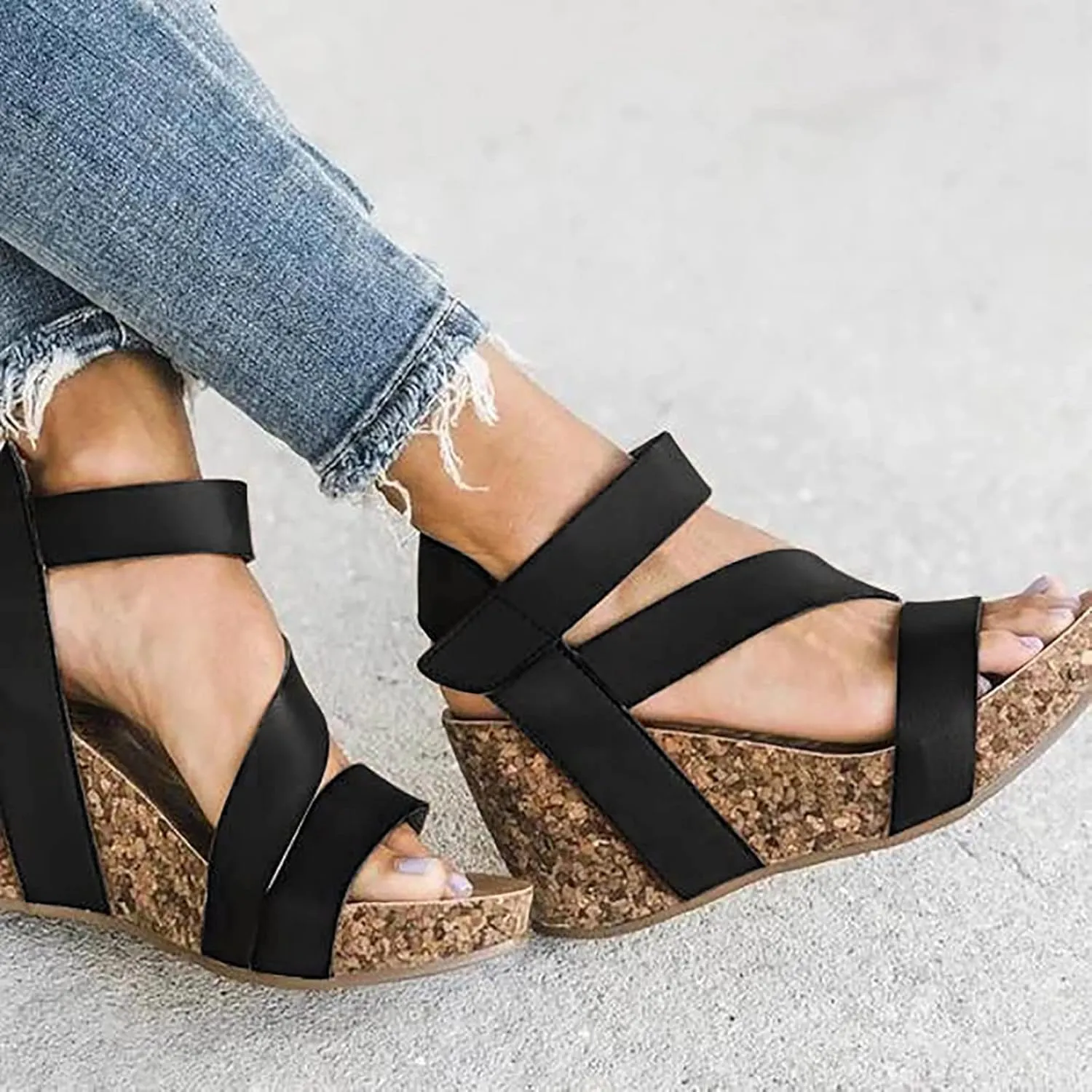 Eduavar Sandalias para Mujer, Women Sandals Dressy Leather Wedge Platform Sandals Open Toe Sandals Shoes
