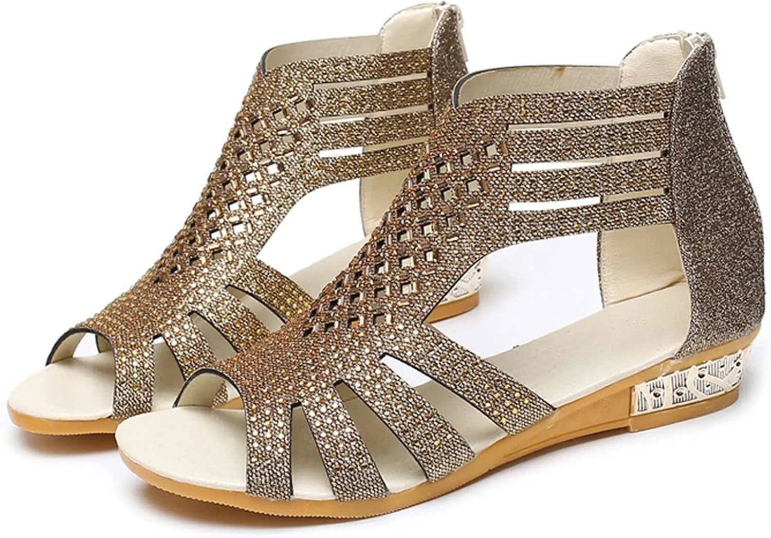 Eduavar Walking Sandals Women, Orthopedic Sandals for Women Low Wedge Sandals Cutout Zip Up Crystal Sandals Shoes