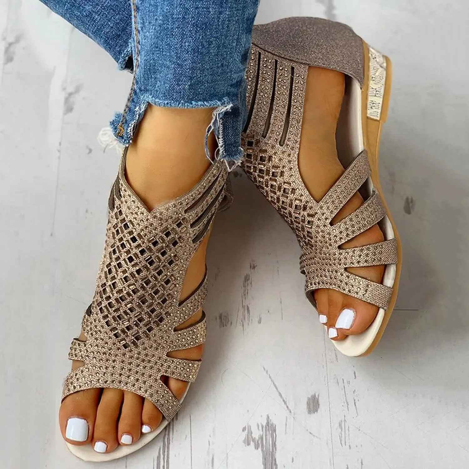Eduavar Walking Sandals Women, Orthopedic Sandals for Women Low Wedge Sandals Cutout Zip Up Crystal Sandals Shoes