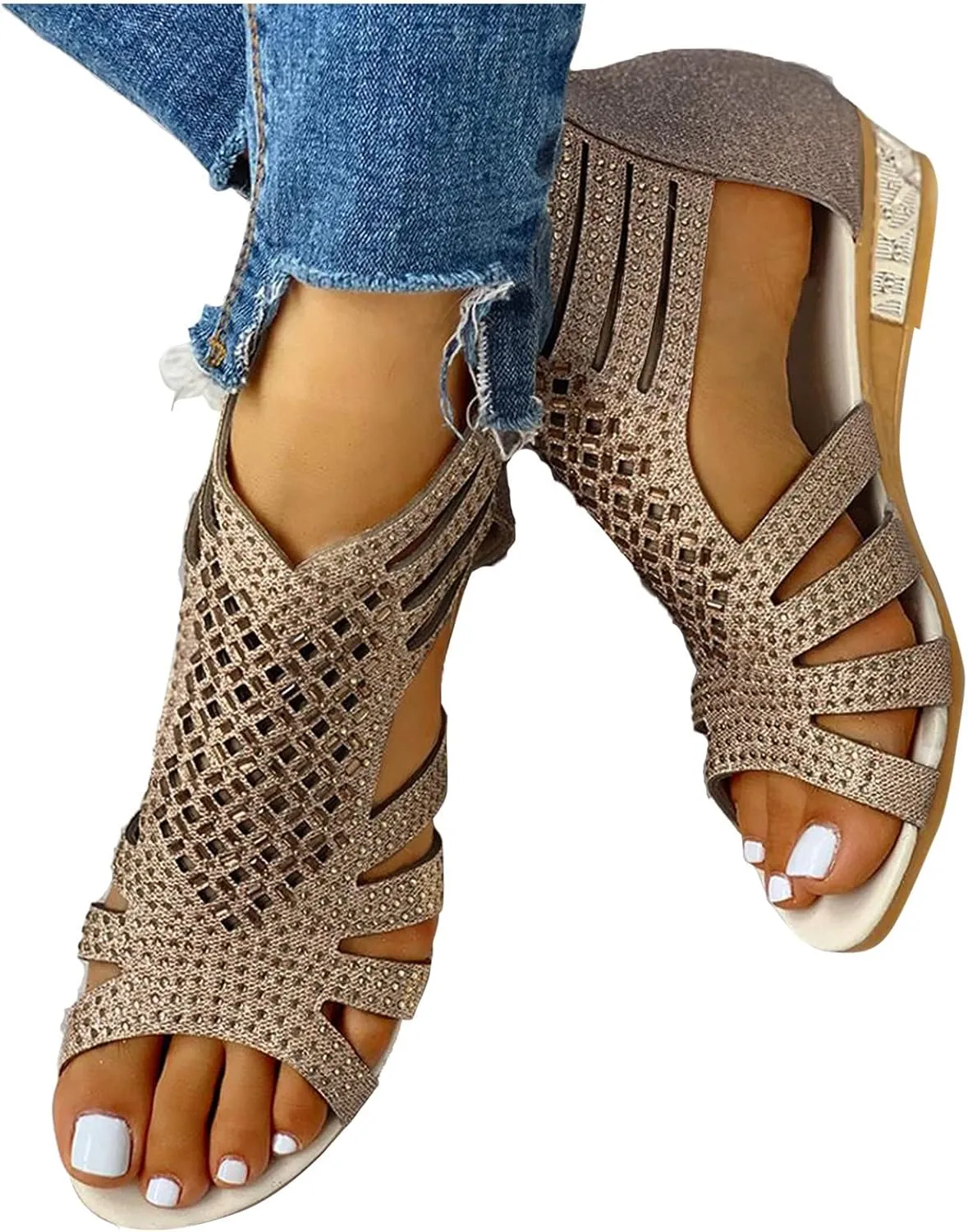 Eduavar Walking Sandals Women, Orthopedic Sandals for Women Low Wedge Sandals Cutout Zip Up Crystal Sandals Shoes