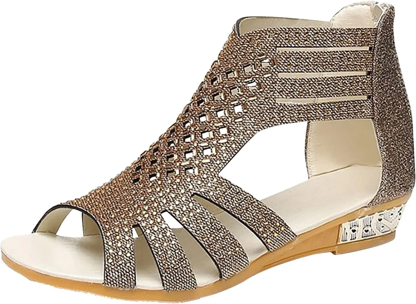 Eduavar Walking Sandals Women, Orthopedic Sandals for Women Low Wedge Sandals Cutout Zip Up Crystal Sandals Shoes