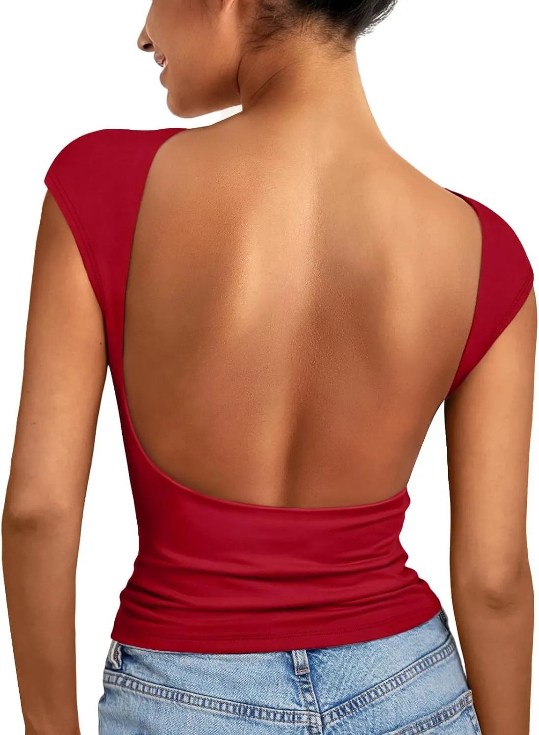 EFAN Womens Backless Tops Open Back Shirts Summer Crop Shirts Short Sleeve Cute Clothes Y2k Clothing 2025