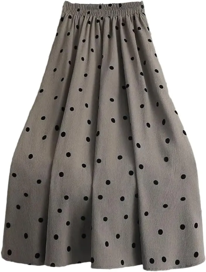 Elastic High Waist Casual Polka Dot Skirt Summer All-Match Loose A-Line Pleated Midi Skirt Women's Clothing
