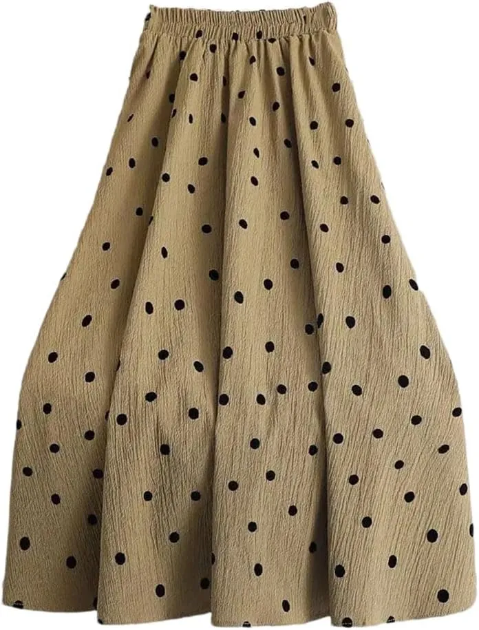 Elastic High Waist Casual Polka Dot Skirt Summer All-Match Loose A-Line Pleated Midi Skirt Women's Clothing