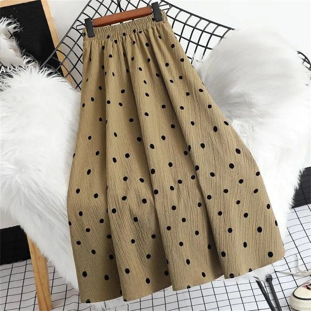 Elastic High Waist Casual Polka Dot Skirt Summer All-Match Loose A-Line Pleated Midi Skirt Women's Clothing