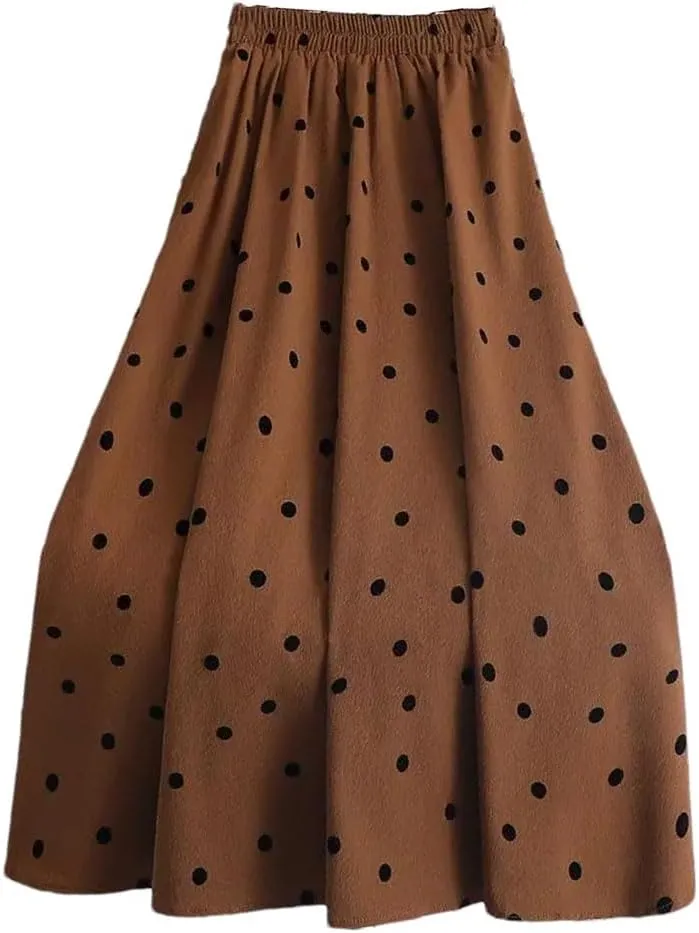 Elastic High Waist Casual Polka Dot Skirt Summer All-Match Loose A-Line Pleated Midi Skirt Women's Clothing