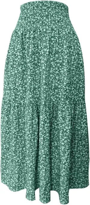 Elastic High Waist Flowy Maxi Skirts Women Boho Floral Tiered Pleated Summer Casual Long Beach Skirt