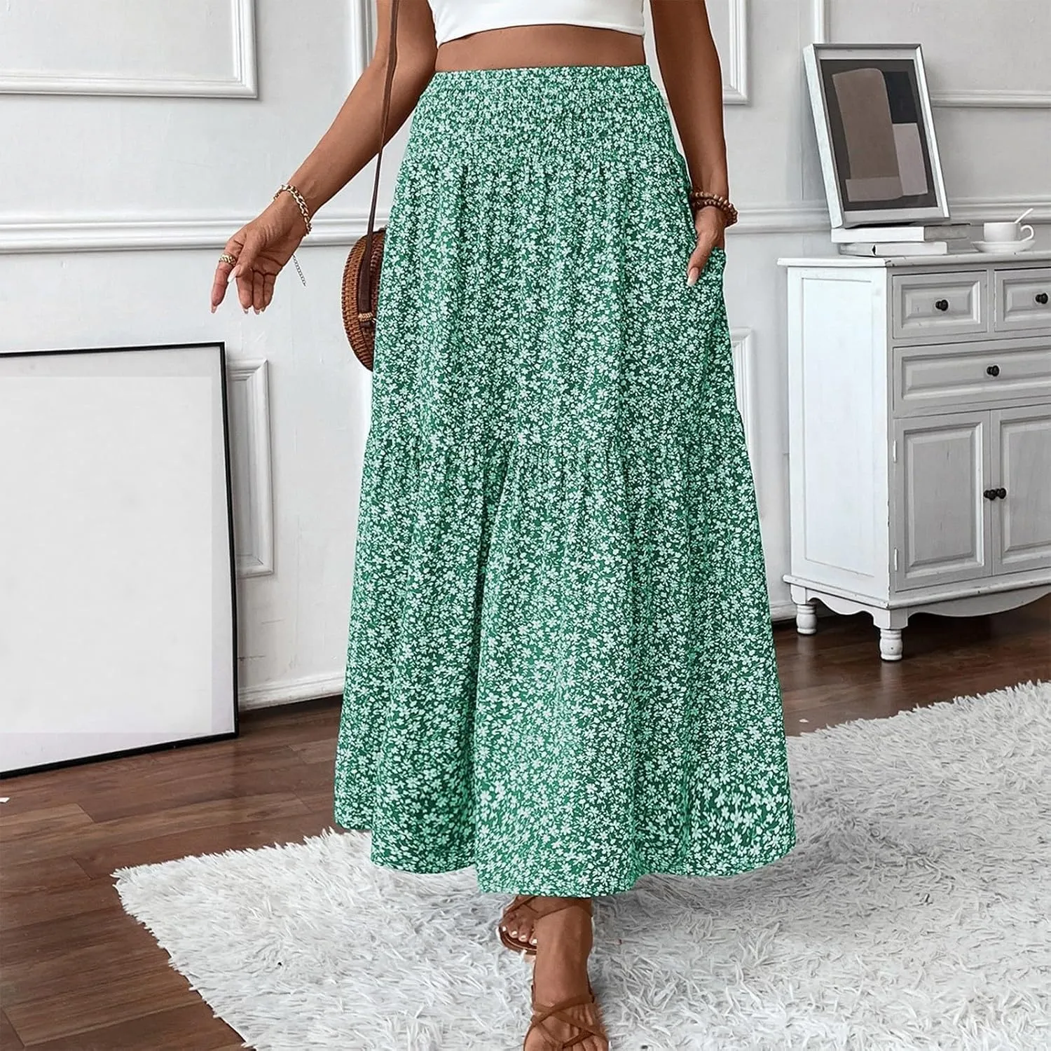 Elastic High Waist Flowy Maxi Skirts Women Boho Floral Tiered Pleated Summer Casual Long Beach Skirt