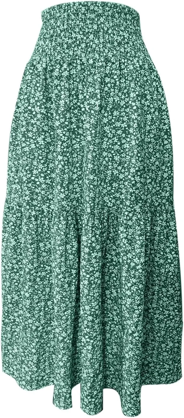 Elastic High Waist Flowy Maxi Skirts Women Boho Floral Tiered Pleated Summer Casual Long Beach Skirt