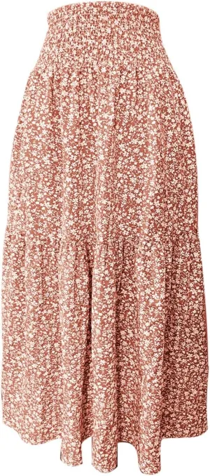 Elastic High Waist Flowy Maxi Skirts Women Boho Floral Tiered Pleated Summer Casual Long Beach Skirt