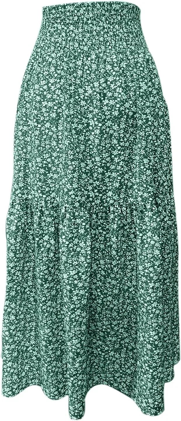 Elastic High Waist Flowy Maxi Skirts Women Boho Floral Tiered Pleated Summer Casual Long Beach Skirt