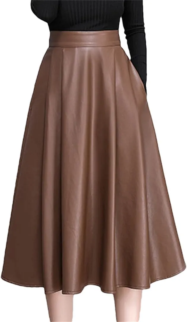 Elegant Solid PU Leather Skirts for Women High Waist Pleated A-Line Midi Skirts