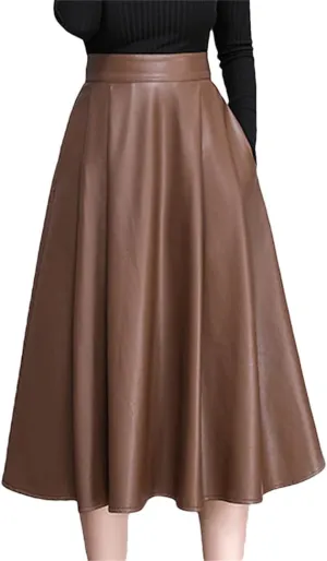Elegant Solid PU Leather Skirts for Women High Waist Pleated A-Line Midi Skirts