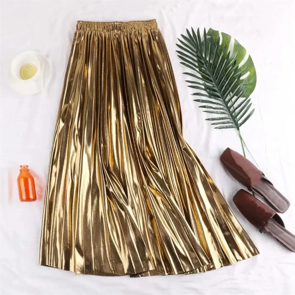Elegant Women Midi Skirt High Waist Gold Solid Color Pleated Skirts