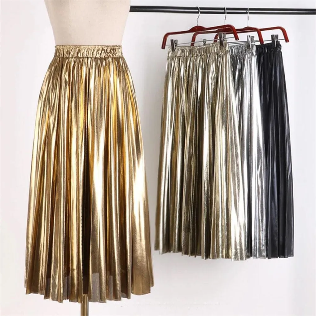 Elegant Women Midi Skirt High Waist Gold Solid Color Pleated Skirts