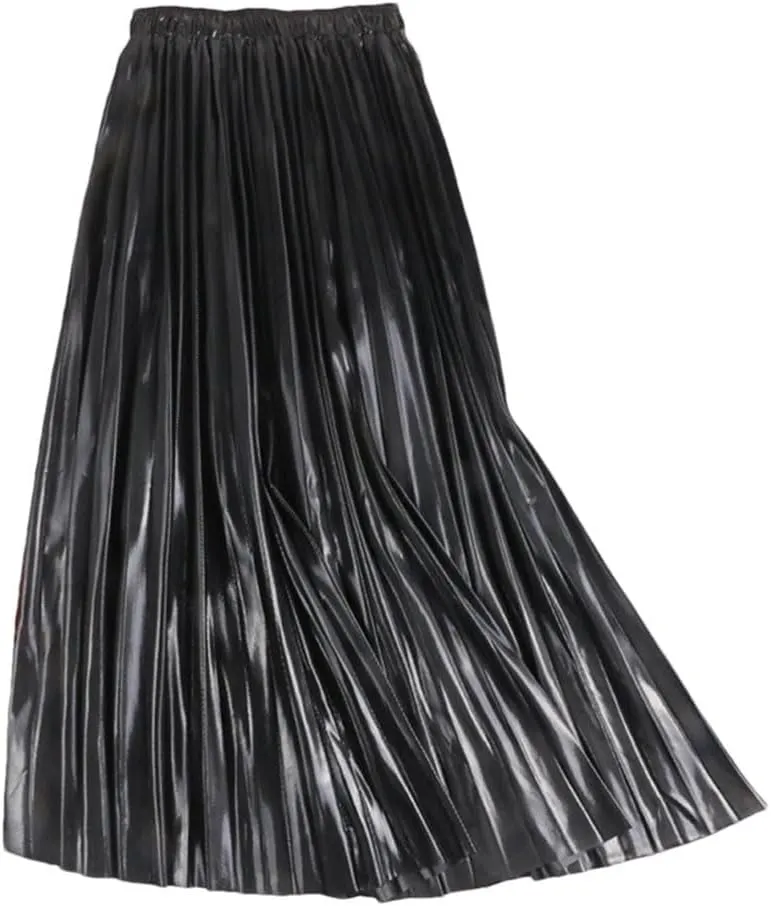Elegant Women Midi Skirt High Waist Gold Solid Color Pleated Skirts
