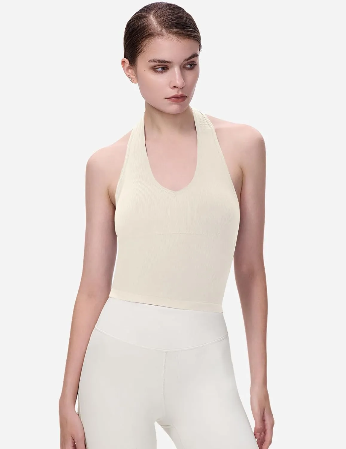 Eleplus 2 Pieces V Neck Halter Crop Tanks Tops for Women Backless Going Out Tops Workout Sport Bra Pack of 2