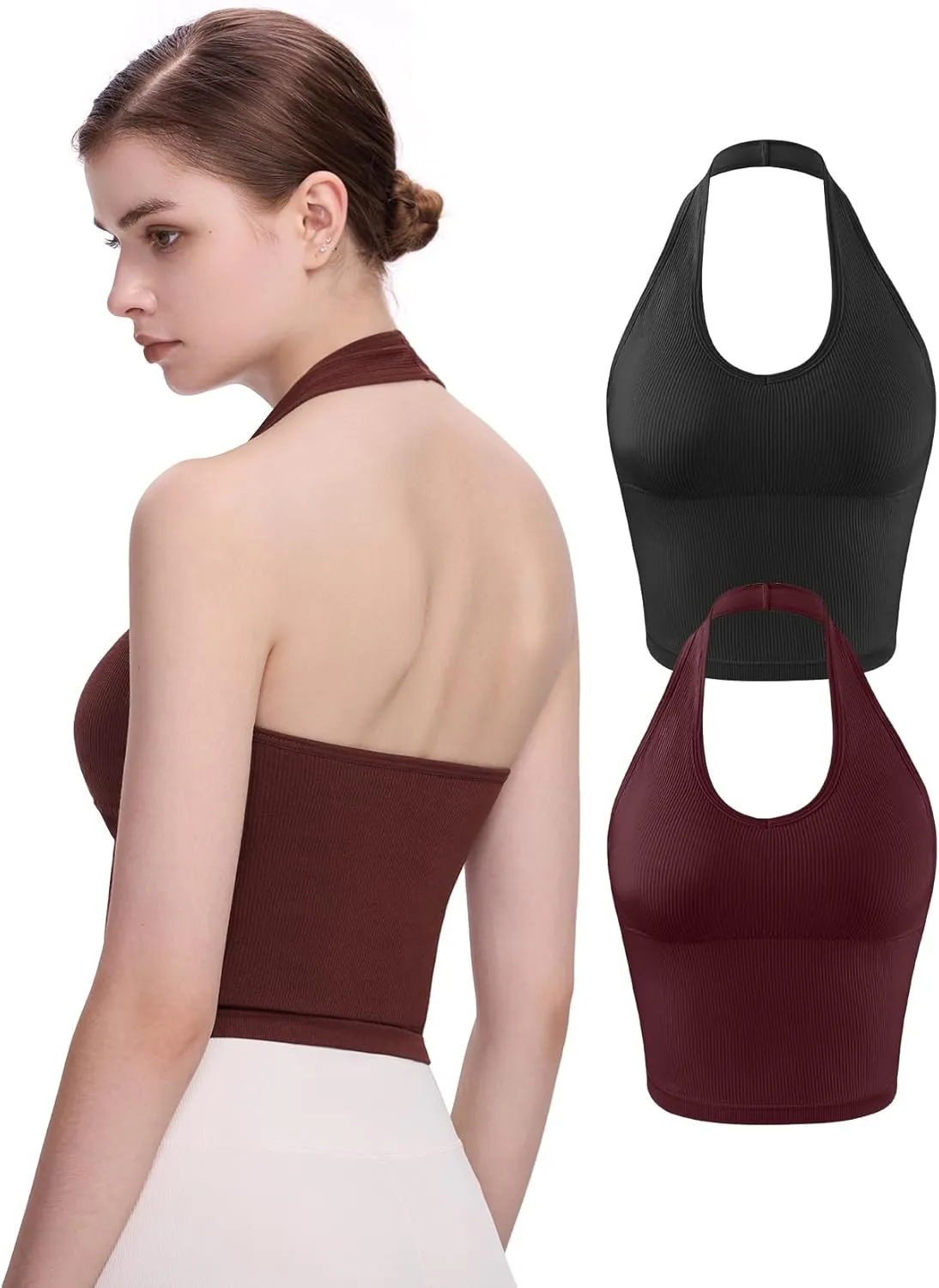 Eleplus 2 Pieces V Neck Halter Crop Tanks Tops for Women Backless Going Out Tops Workout Sport Bra Pack of 2