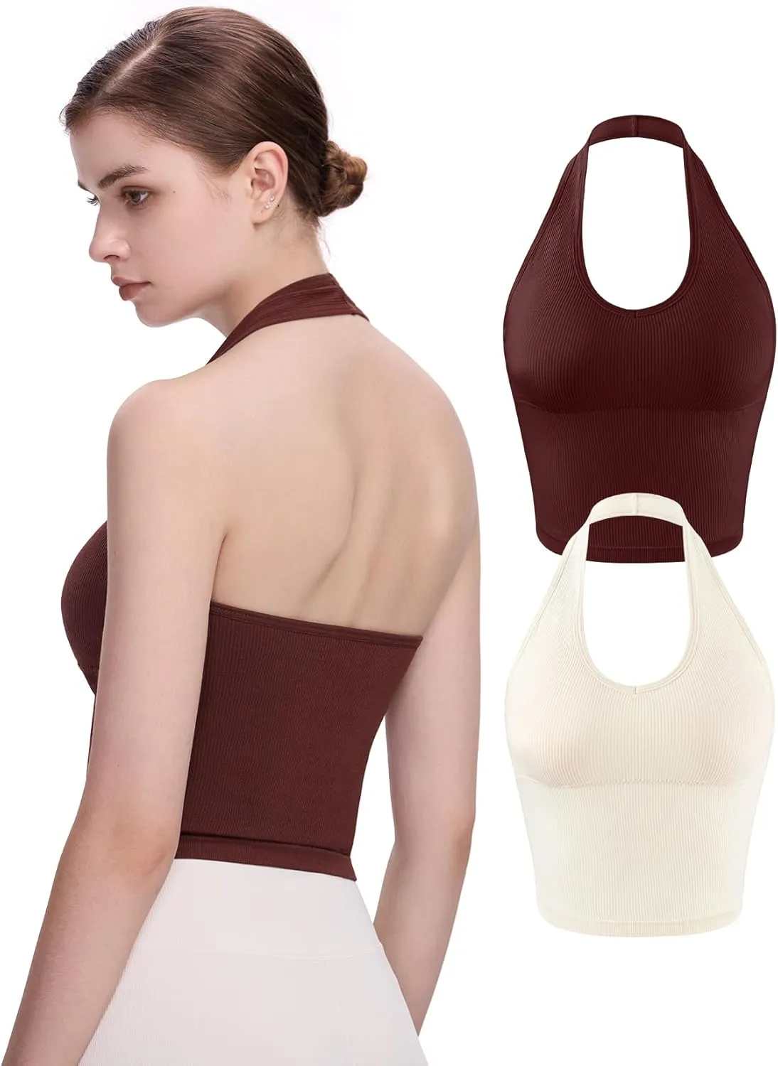Eleplus 2 Pieces V Neck Halter Crop Tanks Tops for Women Backless Going Out Tops Workout Sport Bra Pack of 2