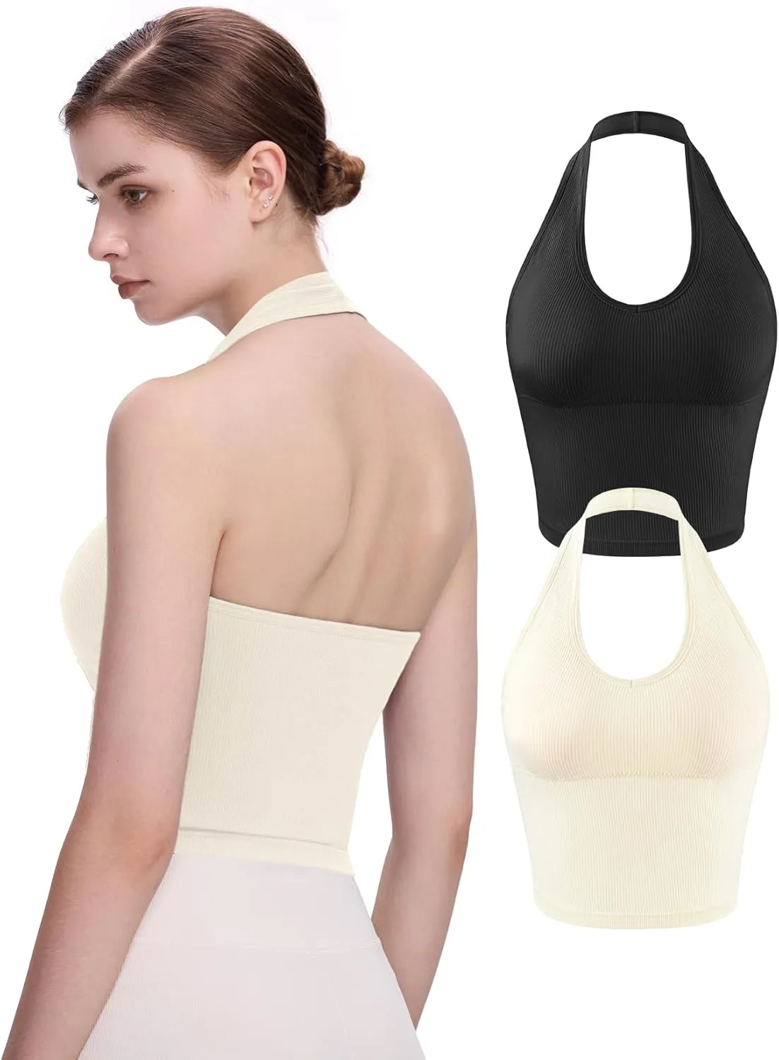 Eleplus 2 Pieces V Neck Halter Crop Tanks Tops for Women Backless Going Out Tops Workout Sport Bra Pack of 2