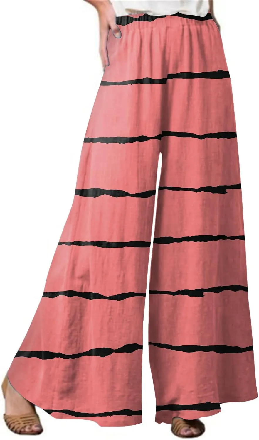 eoeioa Womens Summer Plus Size Wide Leg Pants Solid Elastic High Waist Lounge Trousers with Pockets Baggy Yoga Palazzo Pants